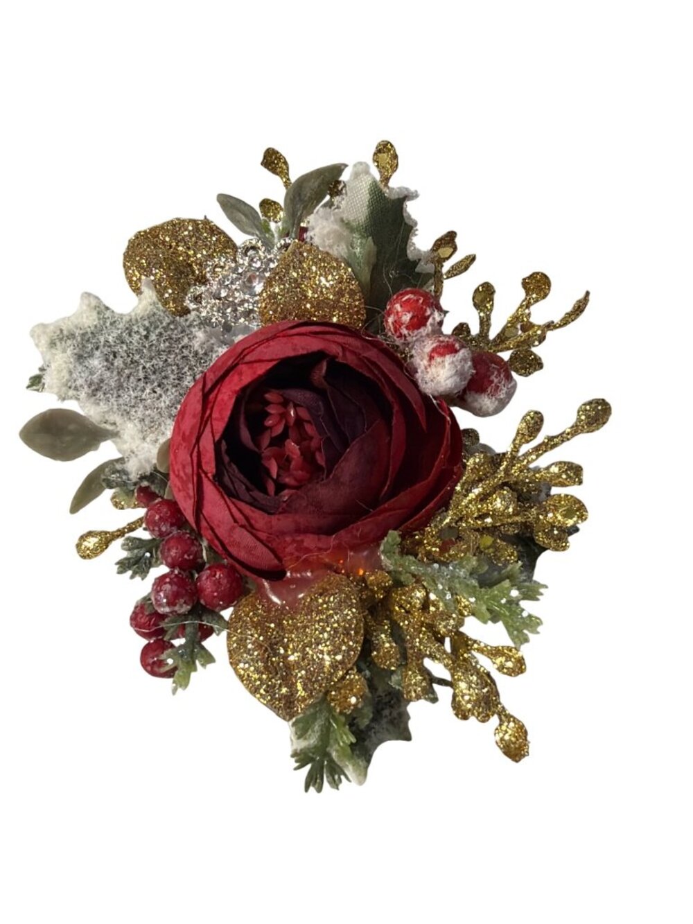 Pretty Little Jettie Holiday Floral Clip Glitter Accents Red Rose Gold Leaves &